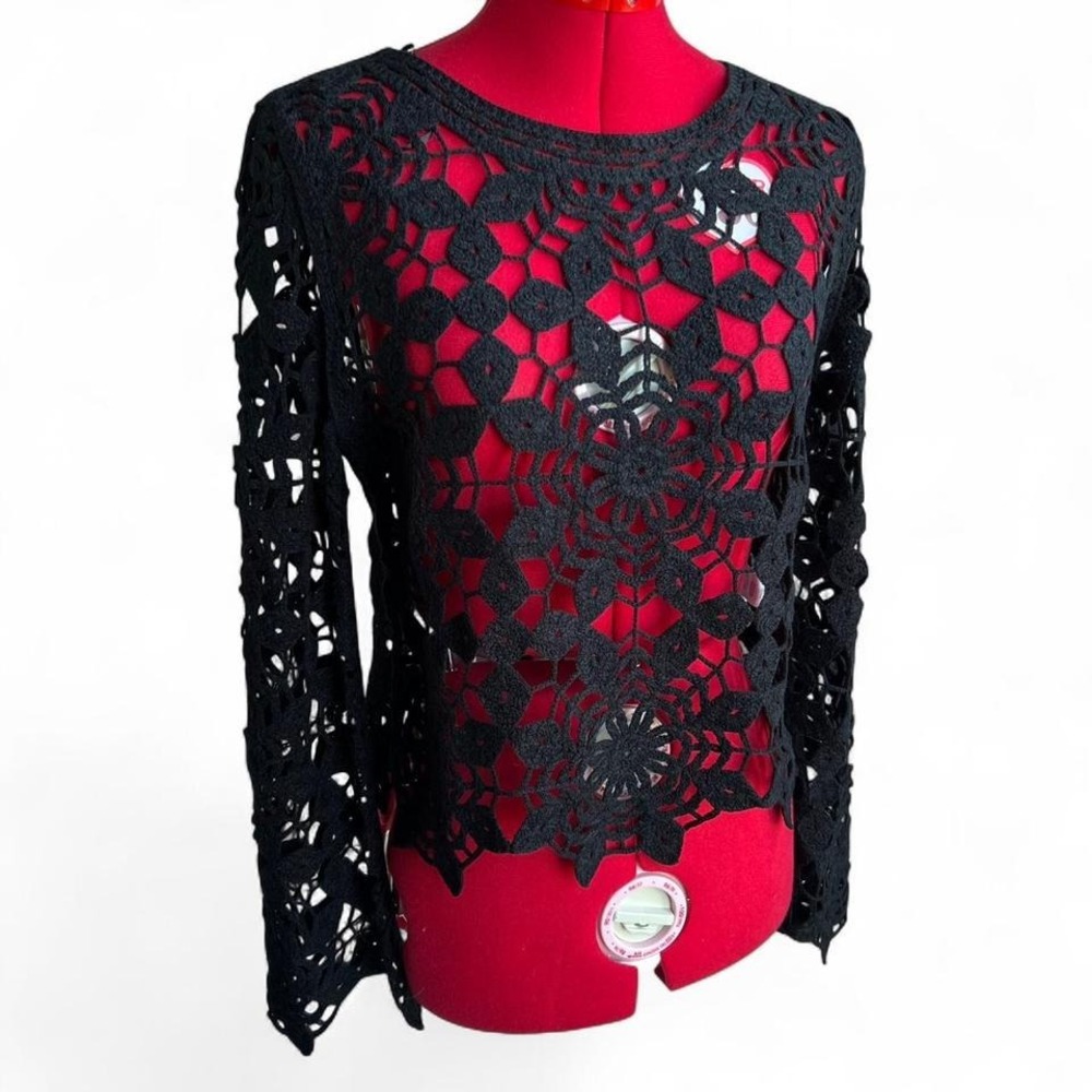 Cloth By Design Black Floral Crochet Knit Jumper Medium Whimsygoth Cottagecore